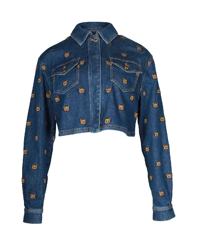 women's coats for ice skatingMoschino Teddy Bear Embroidered Denim Jacket In Blue Cotton