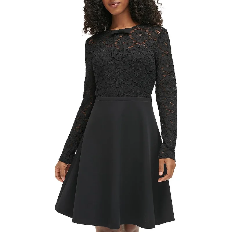 women's curve-hugging dressesKarl Lagerfeld Paris Womens Lace Trim Bow Midi Dress