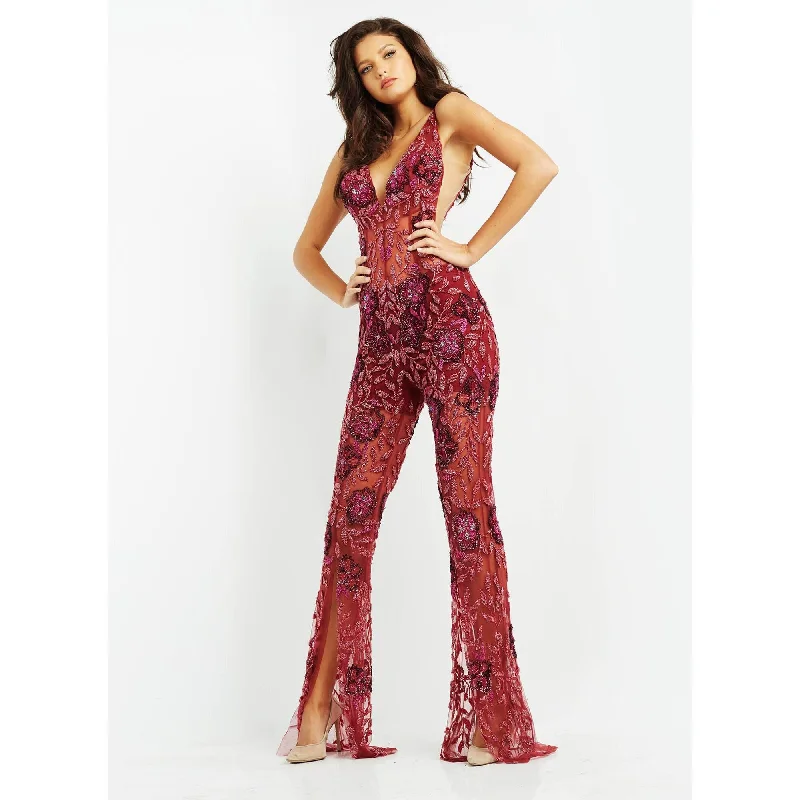 Trumpet DressJovani Burgundy Beaded Illusion Bodice Evening Jumpsuit 04402