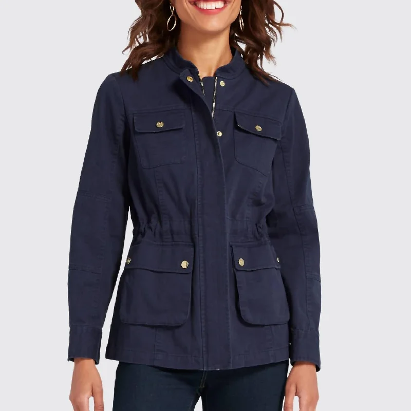 women's coats with zippersSolid Pocket Utility Jacket In Nassau Navy