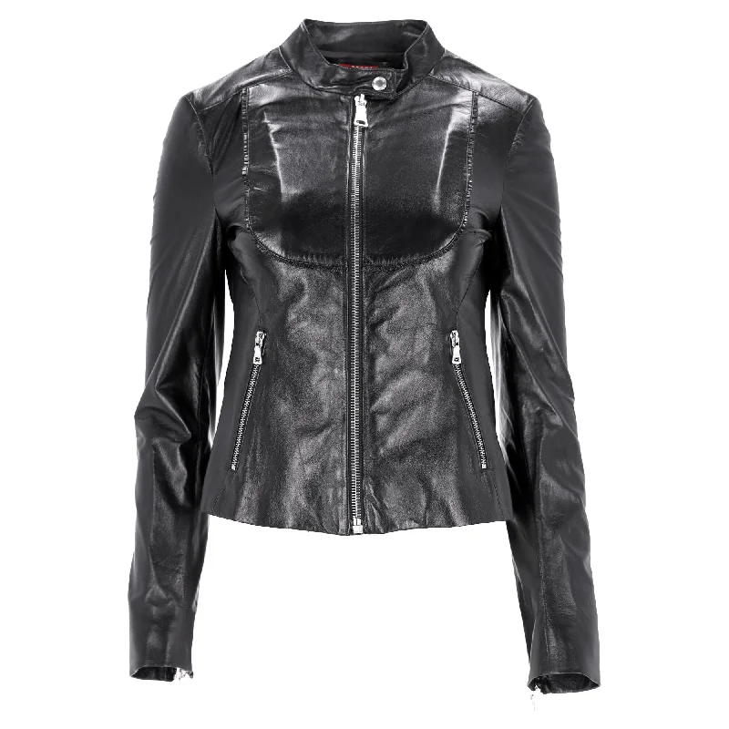 classic women's coatsPrada Zipped Biker Jackets with Pockets in Black Leather