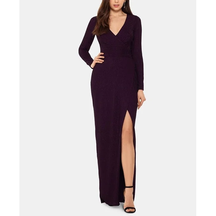 A-Line DressBetsy & Adam Women's Metallic Ribbed V Neck Full Length Evening Faux Wrap Dress Purple Size 4