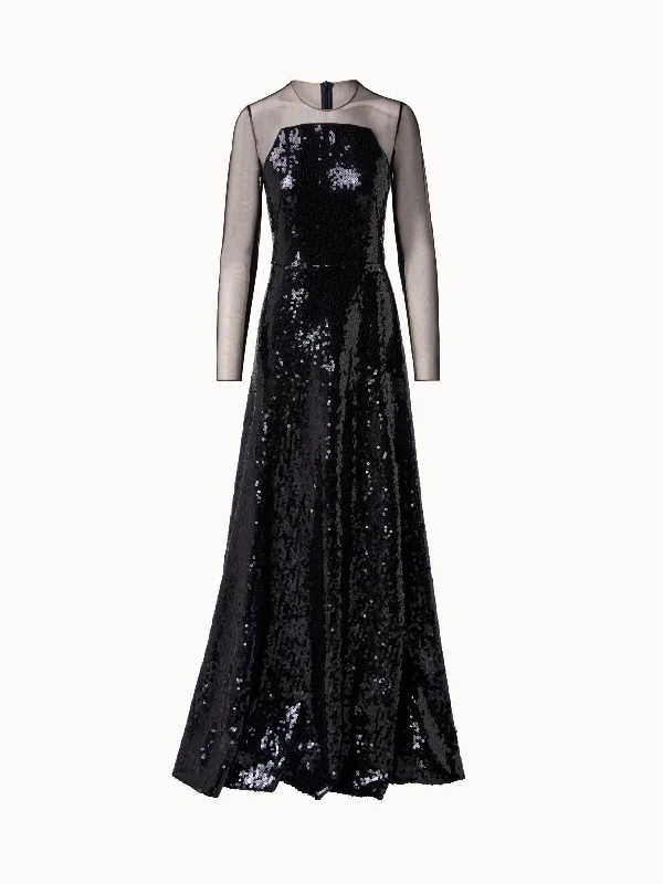 Pearl DressLong Sequined Evening Gown with Long Sheer Sleeves