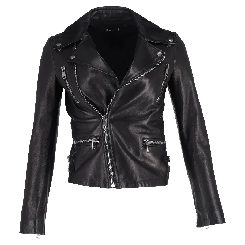 women's coats for glamorous eveningsGucci Bird-Embroidered Biker Jacket in Black Leather