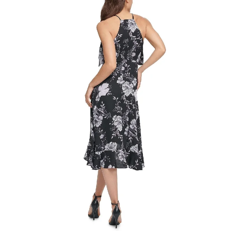 women's mini dressesKensie Women's Floral Sleeveless Halter Below The Knee Fit Flare Evening Dress Black Size 6