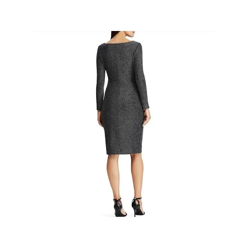 Body-Hugging DressRalph Lauren Women's Gathered Glitter Long Sleeve V Neck Below The Knee Sheath Evening Dress Black Size 12