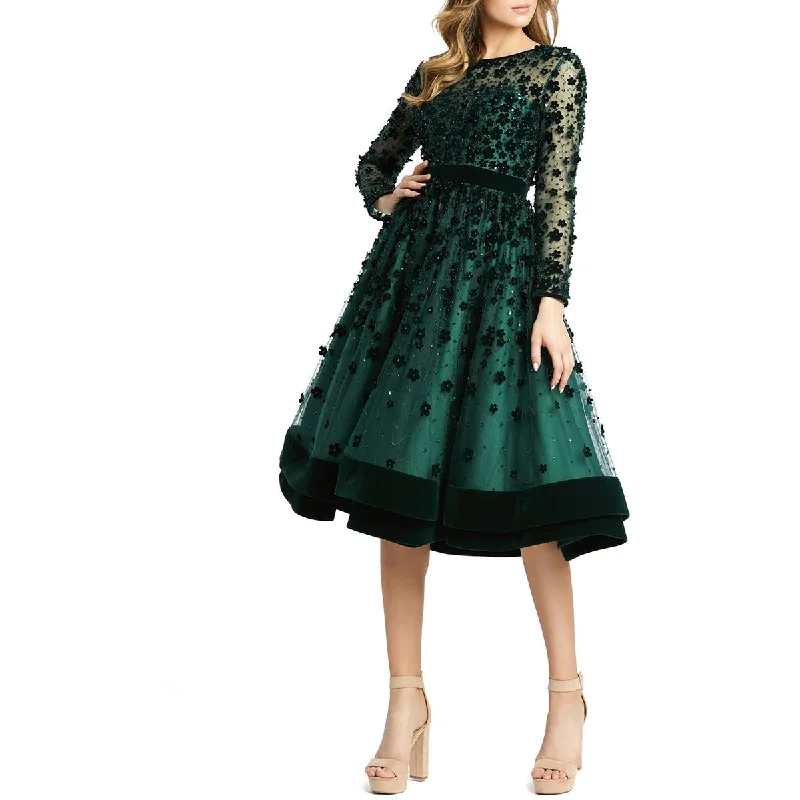 women's flutter-sleeved dressesMac Duggal Womens Embellished Midi Fit & Flare Dress