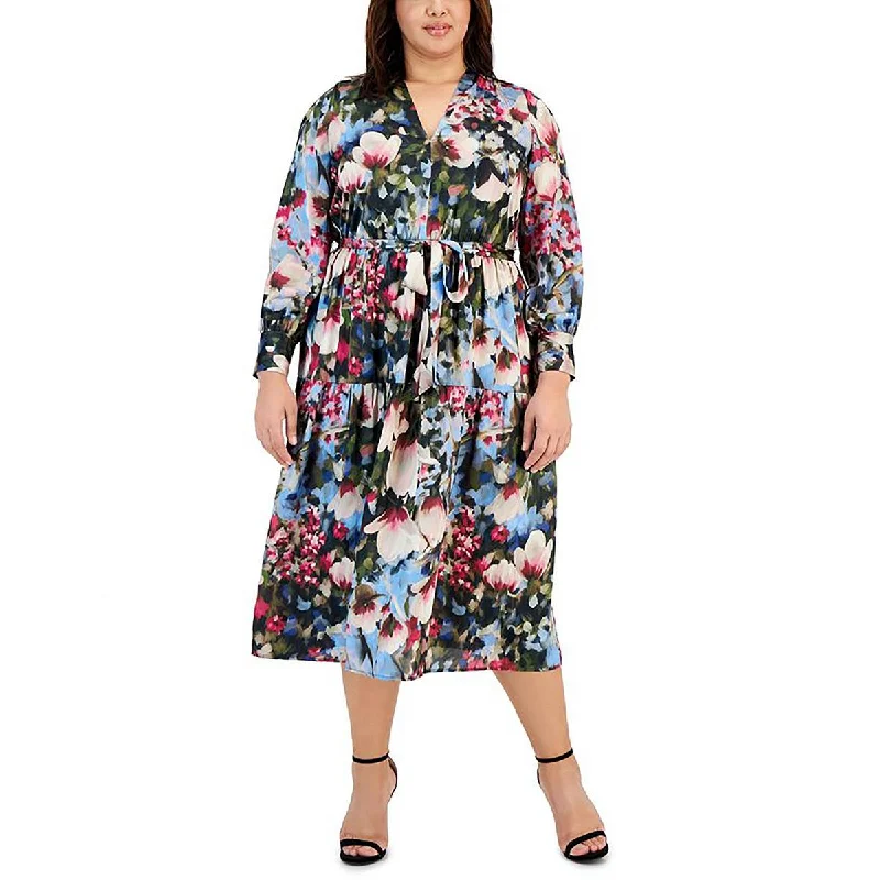 women's pastel dressesAnne Klein Womens Plus Satin Floral Midi Dress