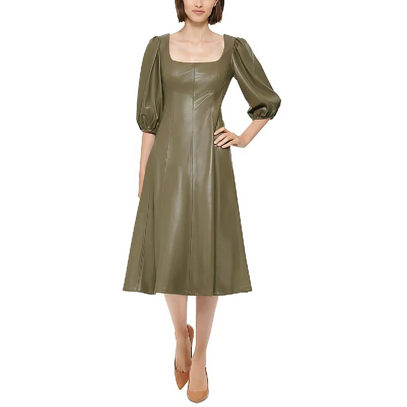 women's long-sleeved dressesCalvin Klein Womens Faux Leather Square Neck Midi Dress