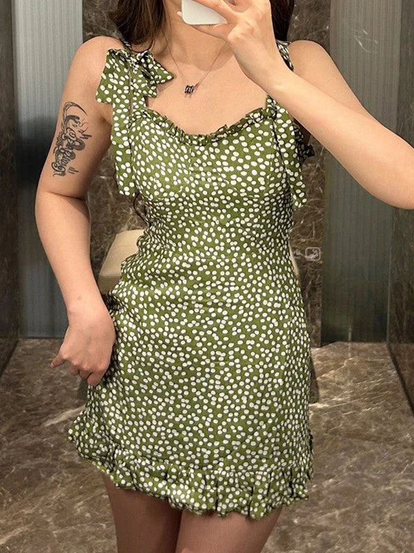 Peplum DressTie Strap Polka Dot Green Mini Dress