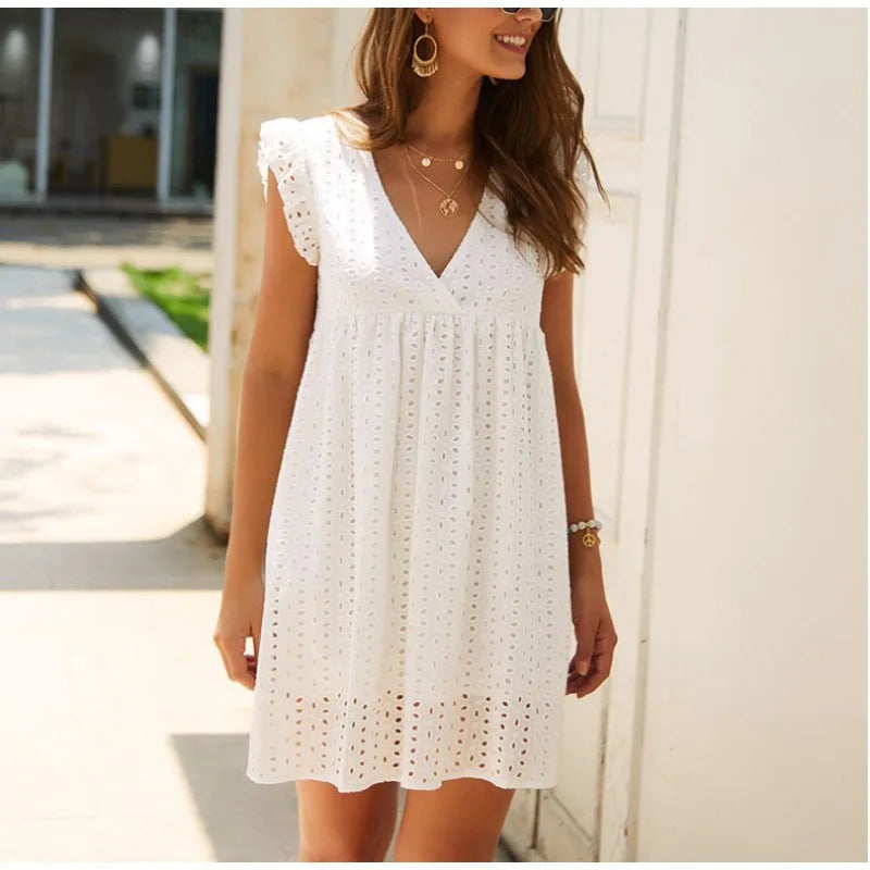 women's lightweight dressesCasual Hollow Short Flying Sleeves Summer Women's 2024 New V-neck Lace Lining Mini Dress