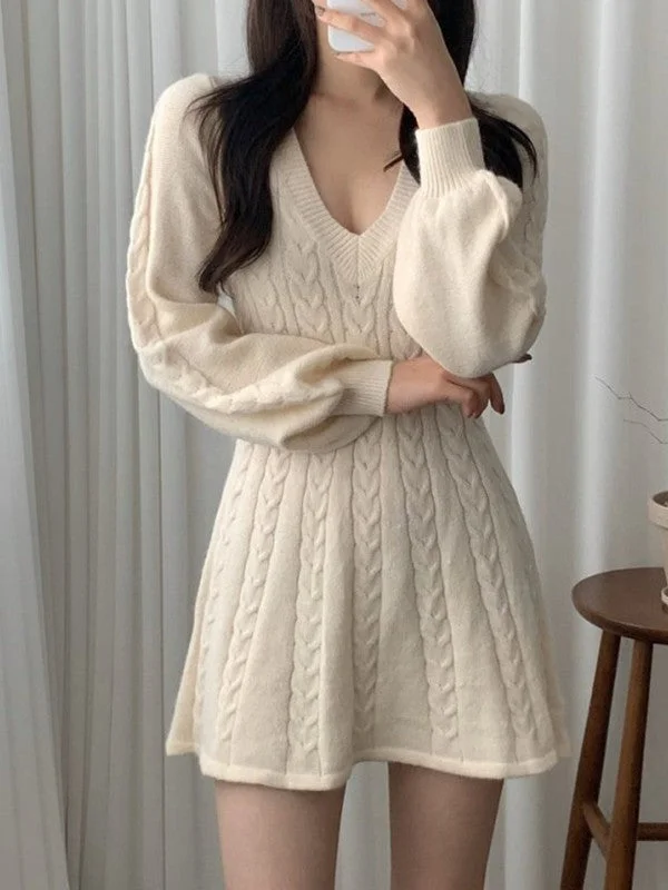 women's ruffle dressesV Neck Cable Knit Long Sleeve Mini Dress