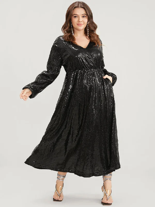 Party DressSolid Lantern Sleeve Pocket Wrap Sequin Maxi Dress