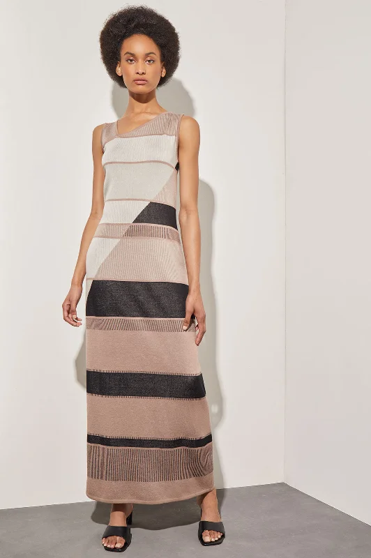 Cut-Out DressModern Fit Asymmetrical Neck Maxi Sheath Dress - Striped Intarsia Knit