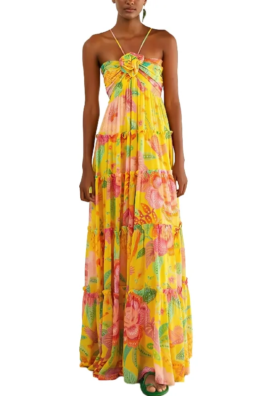 Cheetah Print DressPrinted Flowy Halter Maxi Dress In Yellow