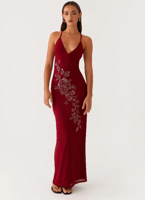 women's vacation dressesBeki Beaded Mesh Maxi Dress - Deep Red