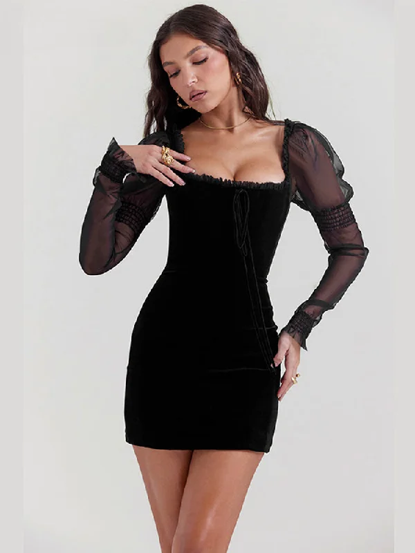 Scoop-Neck DressGothic Wooden Ear Edge Wrap Hip Mesh Long Square Neck Ruched Bodycon Mini Dress