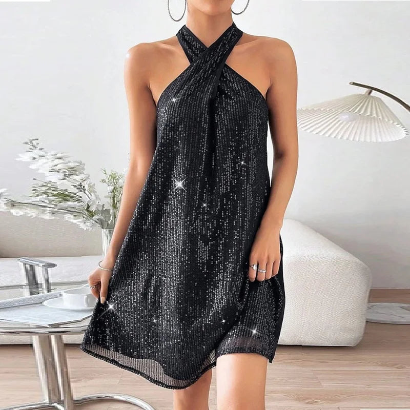 women's cold-shoulder dressesSexy Cross Neck Summer Women's 2024 New Casual Skinny Off Shoulder Sequin Mini Dress