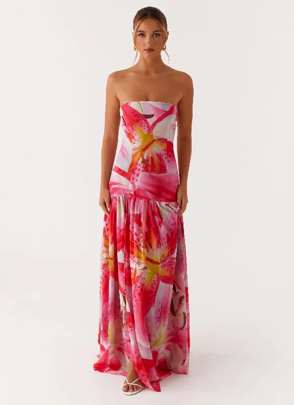 women's apple-shaped body dressesEden Strapless Maxi Dress - White Pink Lilly