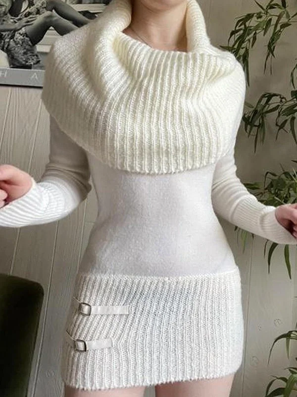 women's stylish dressesWhite Collar Long Sleeve Sweater Mini Dress