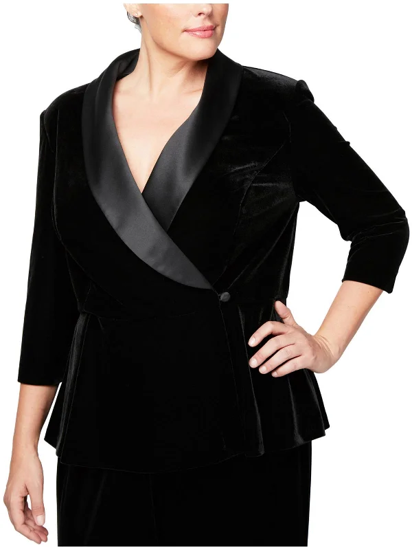 Plus Womens Satin Lapel Velvet One-Button Blazer