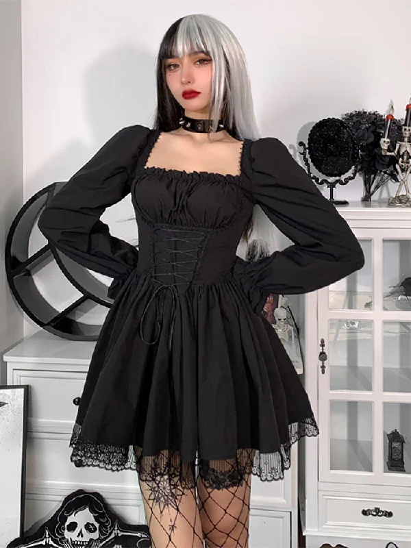 women's hourglass figure dressesSpaghetti Mini Lace Satin Square Slip Sleeve Party Strap Puff Sexy Collar Harajuku Vintage Dress