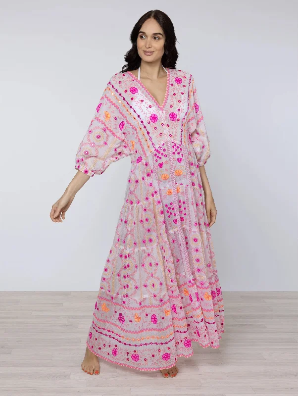 Statement DressV-Neck Loose Maxi Mirrors Dress in Pink Multi