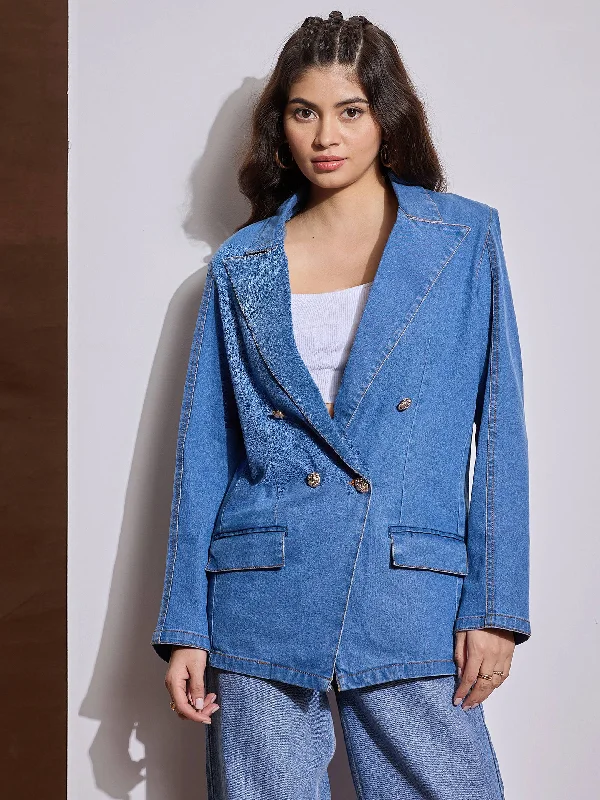 Women Blue Notch Collar Full Sleeve Blazer