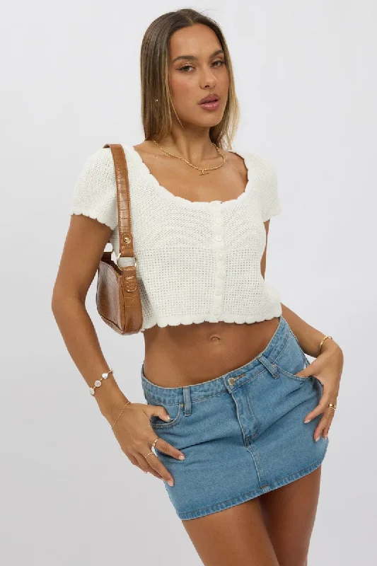 White Crochet Knit Cardigan Short Sleeve