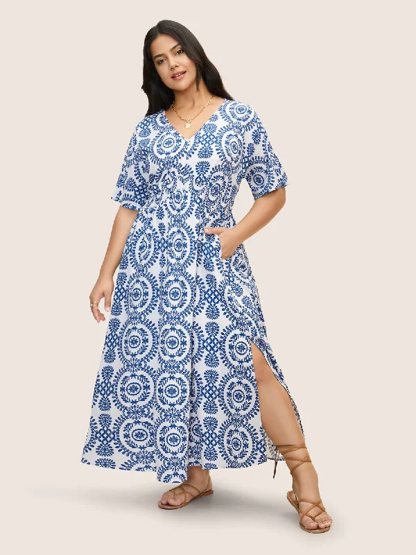 Flowy DressBandana Print Shirred Split Side Maxi Dress