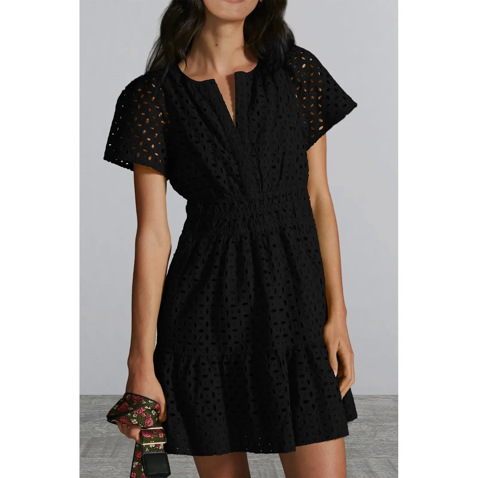 women's trendy dressesHollow Out Lace Women Summer 2024 Solid Color V Neck Female Vestidos Black Casual Loose Vacation Beach Mini Dress