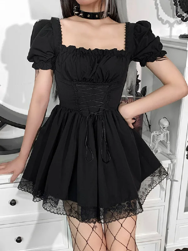 Prom DressLolita Corset Mini Bandage Trim Black Puff High Lace Sleeve Aesthetic Waist Goth Vintage Dress