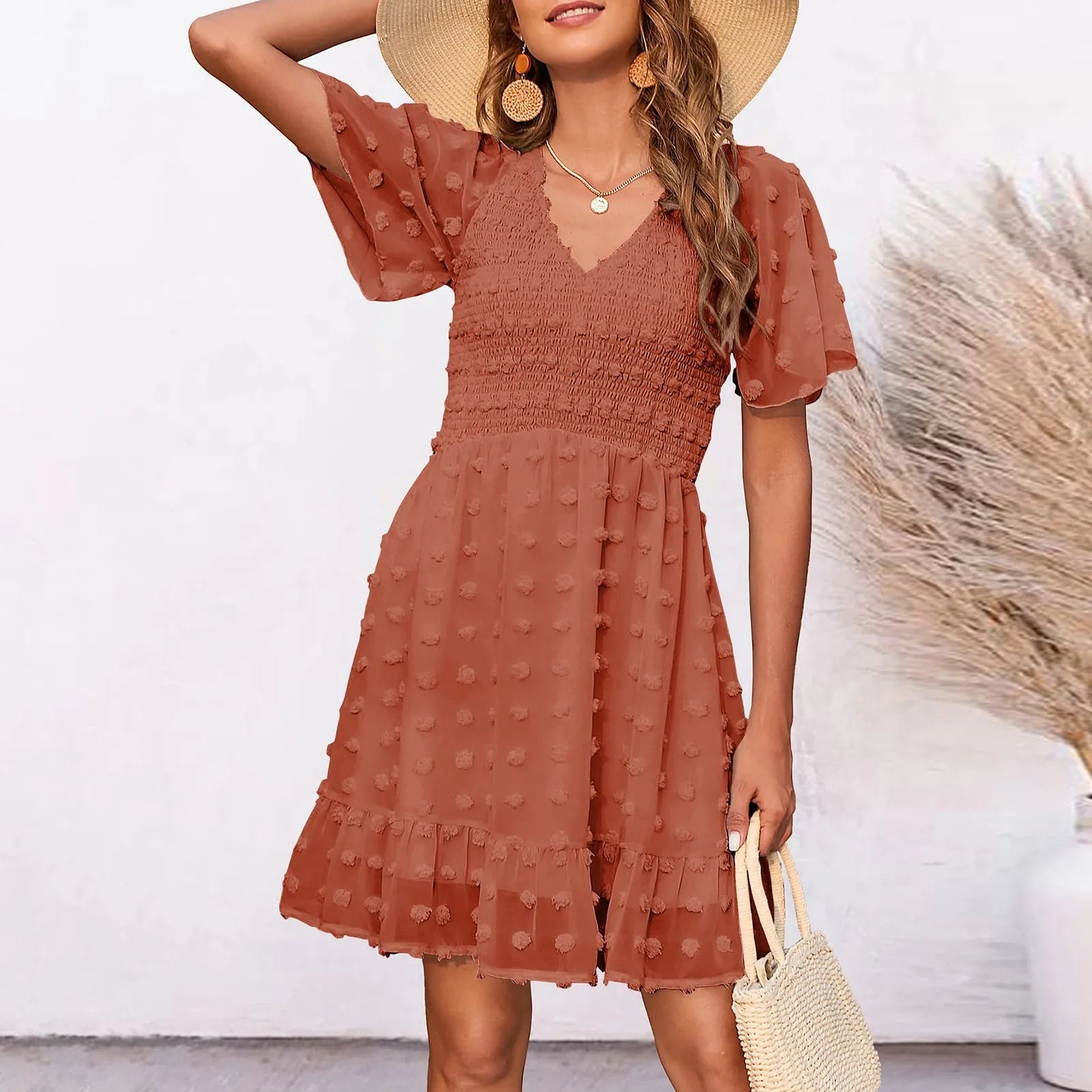 Trumpet DressChiffon Smocked Fur Ball Point Short Sleeve Holiday Beach A-line 2024 Summer Female Sun Mini Dress