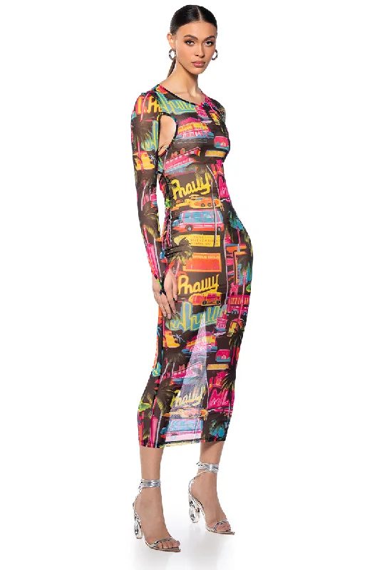 women's shift dressesMIAMI VIBES PRINTED MESH MAXI DRESS