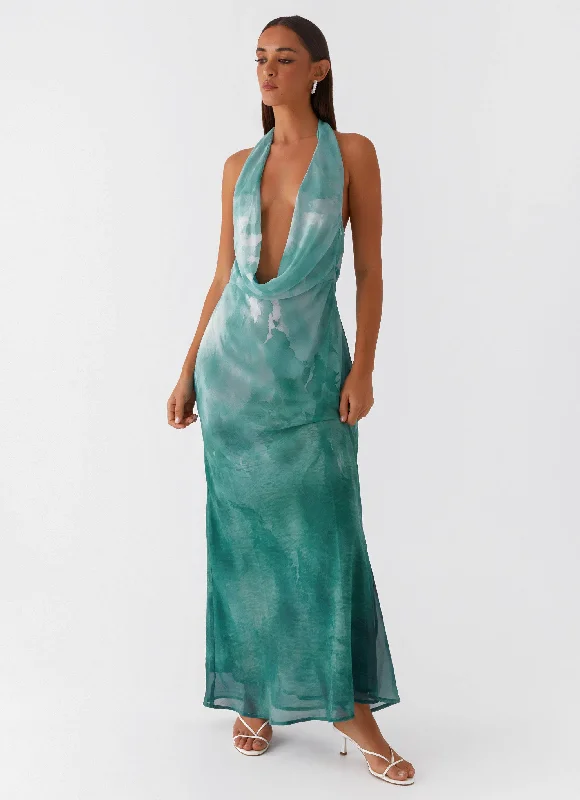 women's lace-up dressesNerissa Cowl Neck Maxi Dress - Green Tie Dye