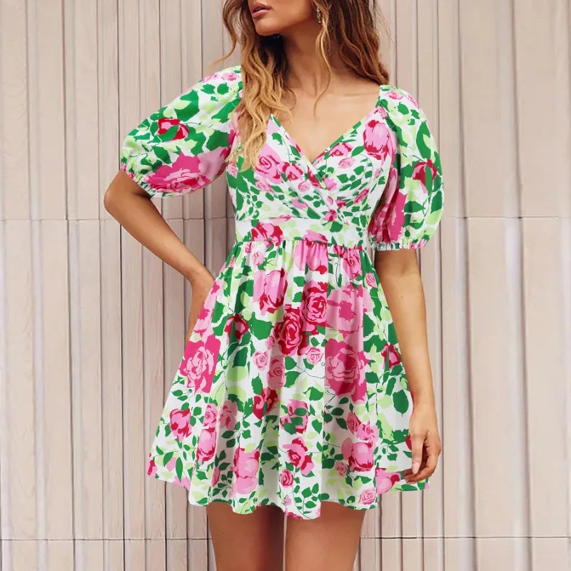 women's velvet dressesElegant Floral Print Summer Women's V-Neck Short Puff Sleeve Lace-up Beach Holiday Mini Dress