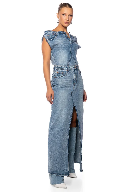 women's breathable dressesRULE THE WORLD DENIM MAXI DRESS