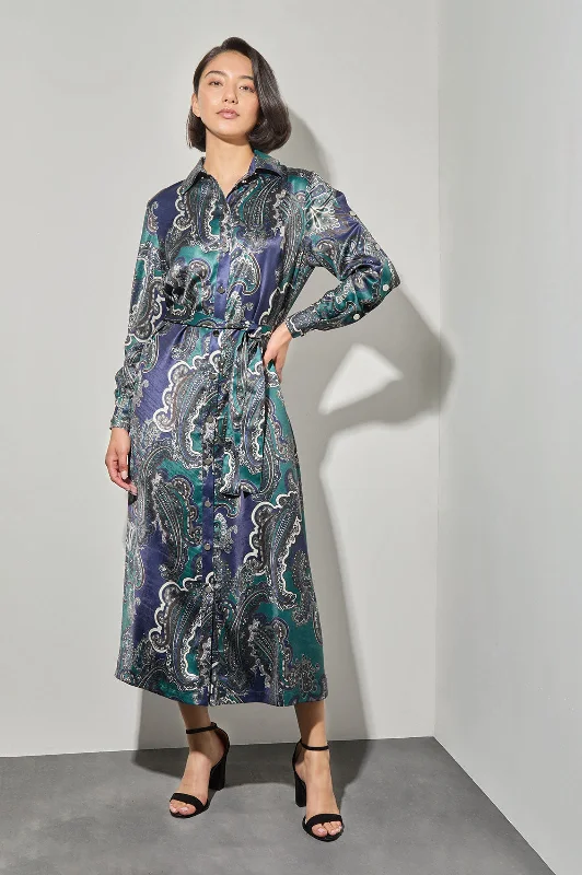 Bridesmaid DressPrinted Paisley Charmeuse Maxi Shirt Dress