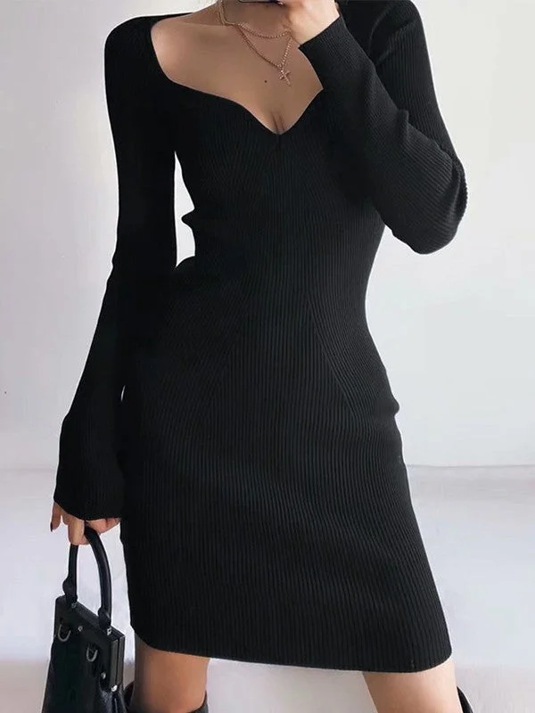 Trumpet DressV Neck Ribbed Knit Long Sleeve Mini Dress