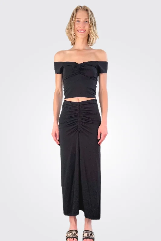 women's moisture-wicking formal skirtsShirred Maxi Skirt - Black