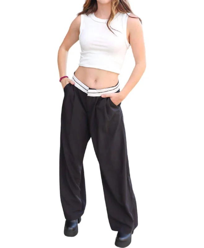 women's sustainable pantsContrast Foldover Waist Pants In Black