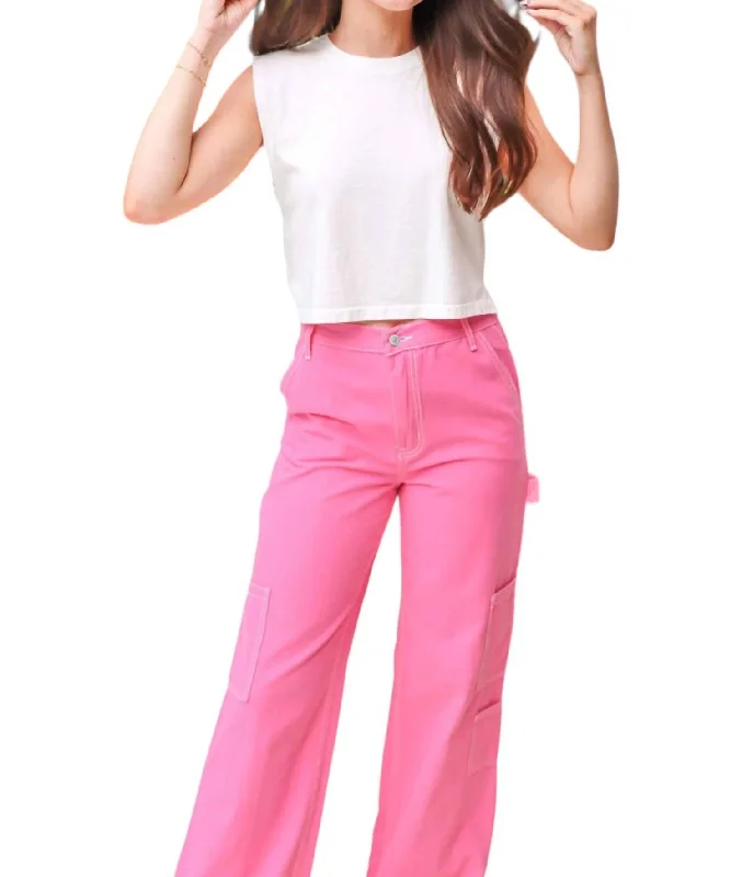 women's low-slung pantsContrast Stitch Utility Pants In Pink