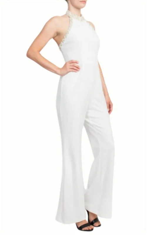 women's checkered pantsHigh Halter Pearl Trimmed Jumpsuit In Ivory