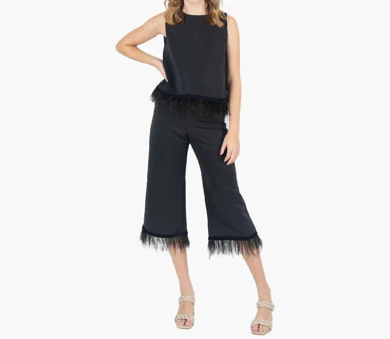 women's summer pantsSide Zip Feather Fringe Party Pant In Black