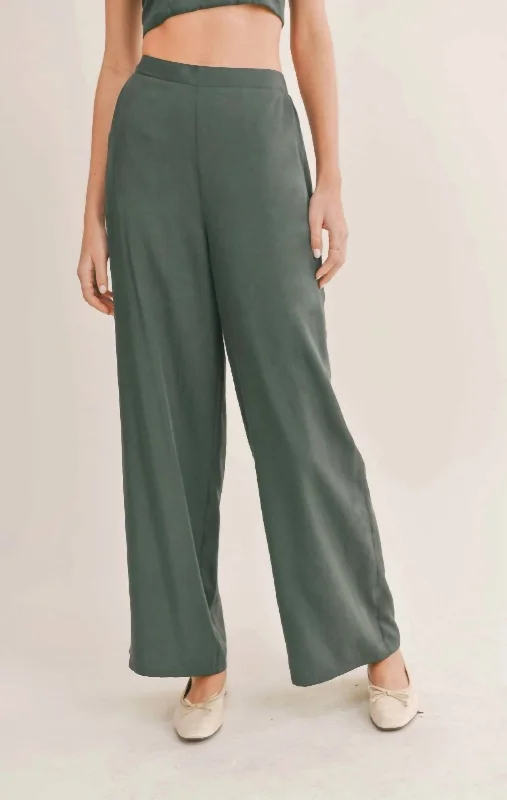 women's cotton pantsWide Leg Tencel Pants In Dark Green