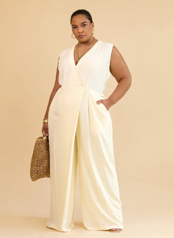 women's jumpsuits for casual gatheringsAlia Linen Wrap Overlay Wide Leg Jumpsuit - Ivory