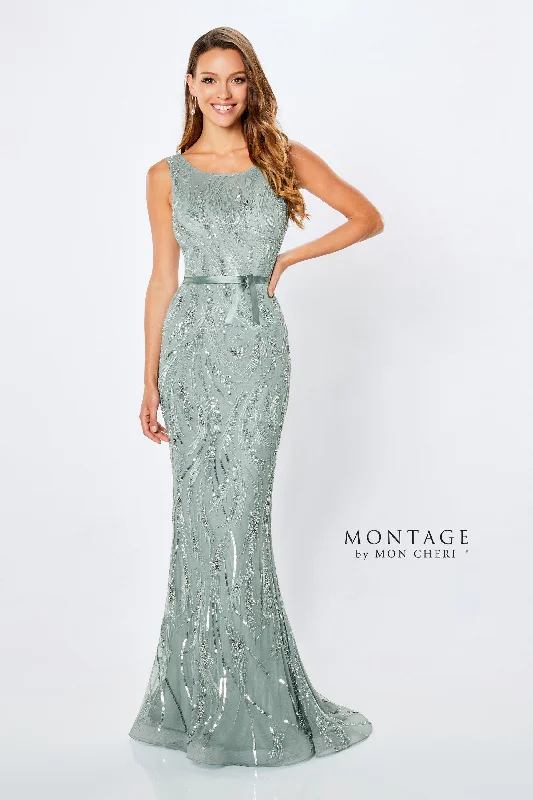 women's A-line dressesMontage 221965 Scoop Neck Fit & Flare Sequin Gown With Belt