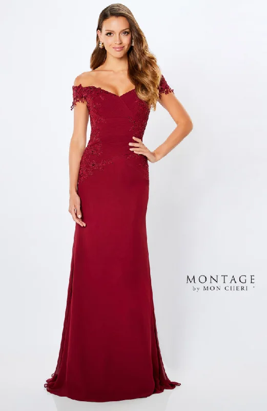 Laced DressMontage 221964 Rouched Chiffon Off The Shoulder Gown With Lace Applique