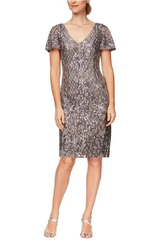 women's easy-to-wear dressesShort Sleeve V-Neck Sequin Cocktail Dress | Grey