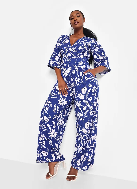 women's jumpsuits for yogaDelphine Floral Flare Sleeve Jumpsuit - Navy